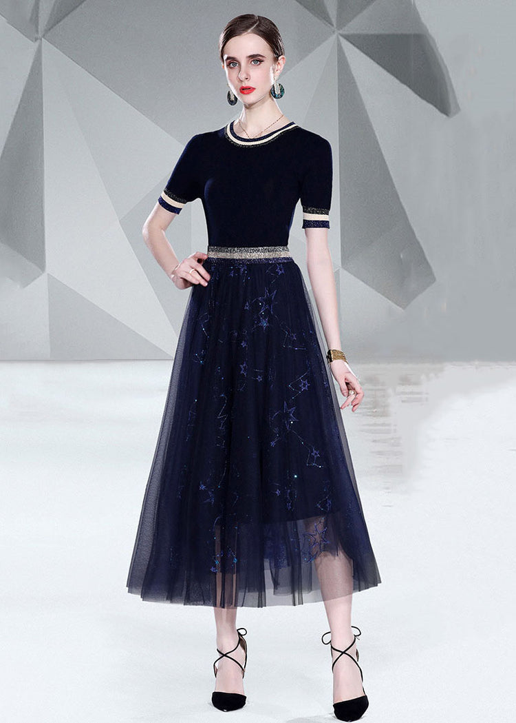 Italian Black O Neck Knit Tops And Tulle Skirts Embroideried 2 Piece Summer