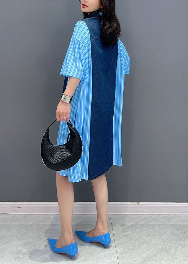 Summer Italian Blue Striped Denim Patchwork Cotton Shirt Dress