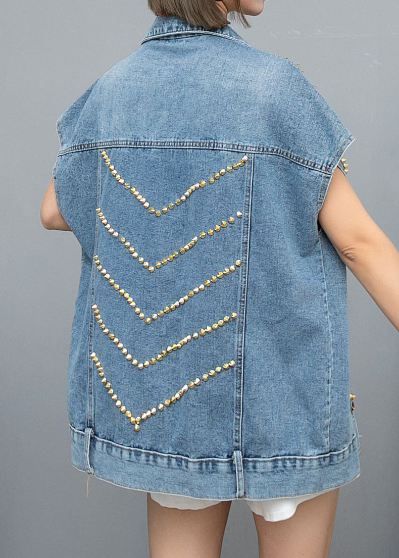 Italian Blue Patchwork Zircon Stud Denim Vest Sleeveless