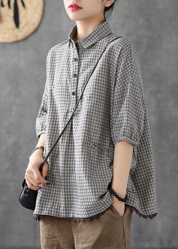 Italian Dark Grey Linen Plaid Summer Patchwork Half Sleeve