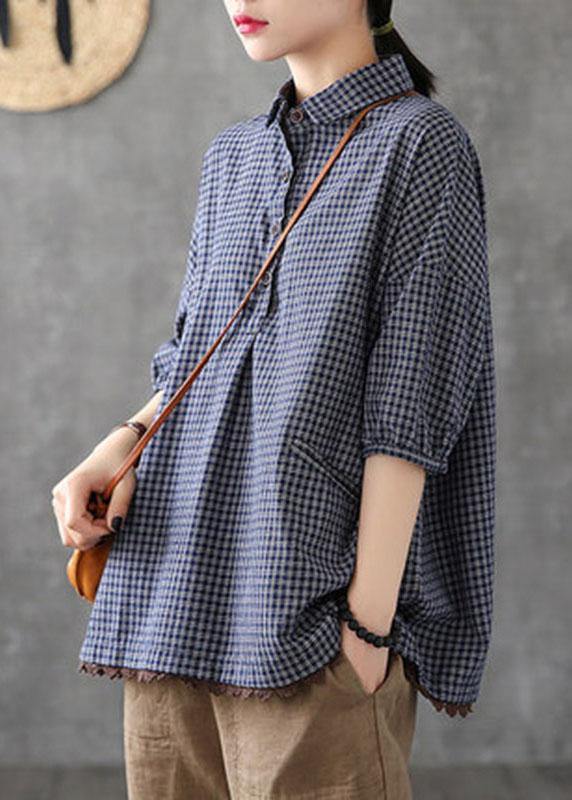 Italian Dark Grey Linen Plaid Summer Patchwork Half Sleeve