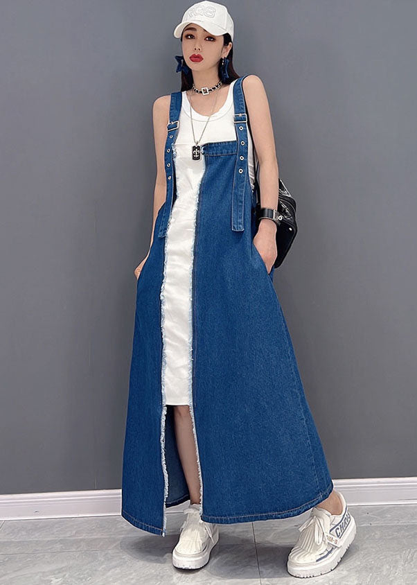 Italian Blue Patchwork Cotton Fake Two-Piece Denim Suspender Dress Summer