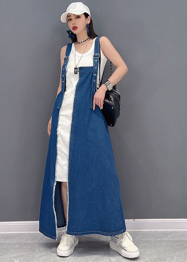 Italian Blue Patchwork Cotton Fake Two-Piece Denim Suspender Dress Summer