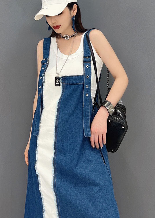 Italian Blue Patchwork Cotton Fake Two-Piece Denim Suspender Dress Summer