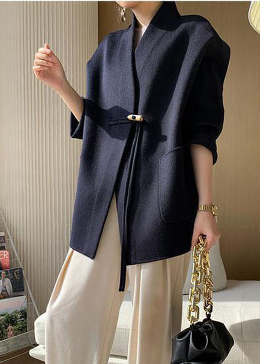 Italian Navy Pocket Fringed Wool Coat Winter