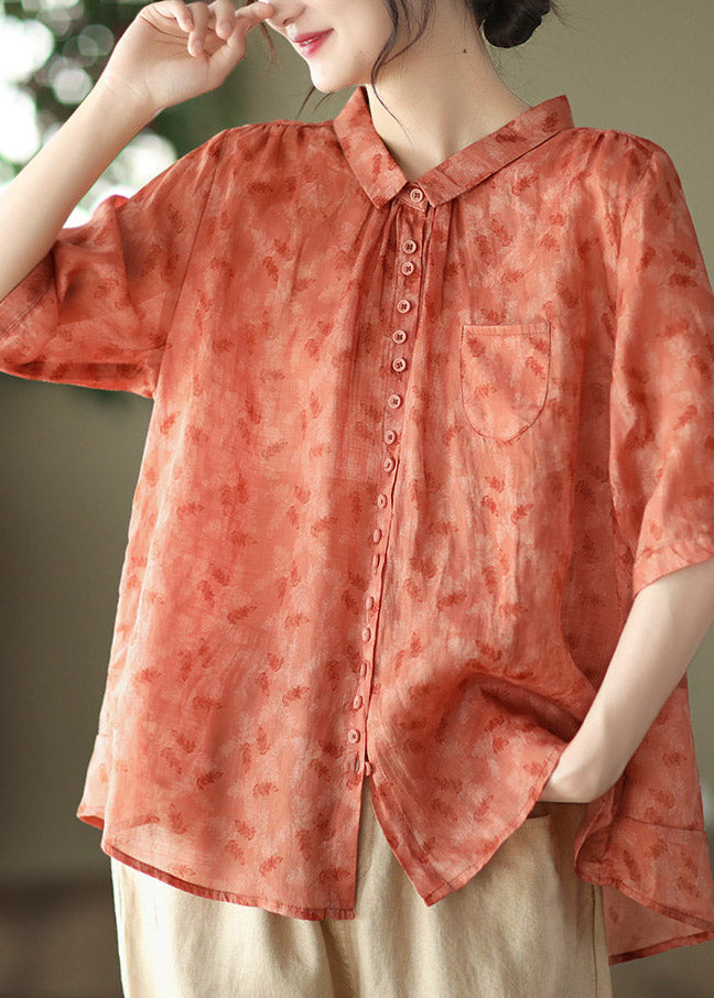 Italian Orange Peter Pan Collar Print Button Linen Shirt Half Sleeve