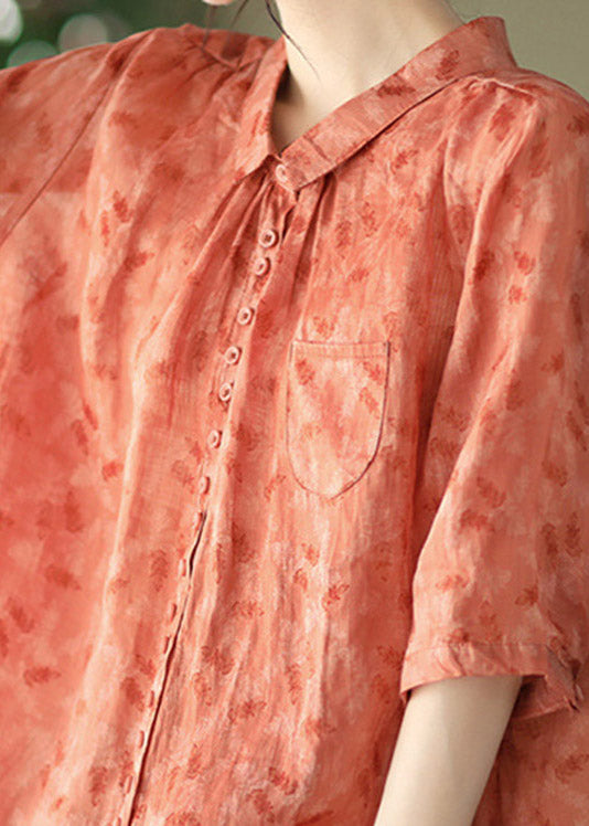 Italian Orange Peter Pan Collar Print Button Linen Shirt Half Sleeve