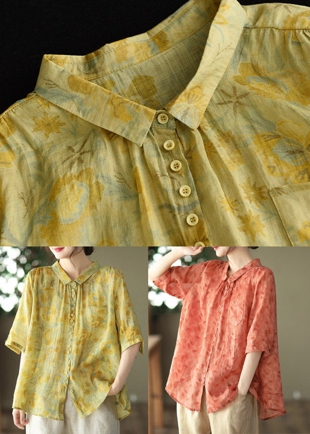 Italian Orange Peter Pan Collar Print Button Linen Shirt Half Sleeve