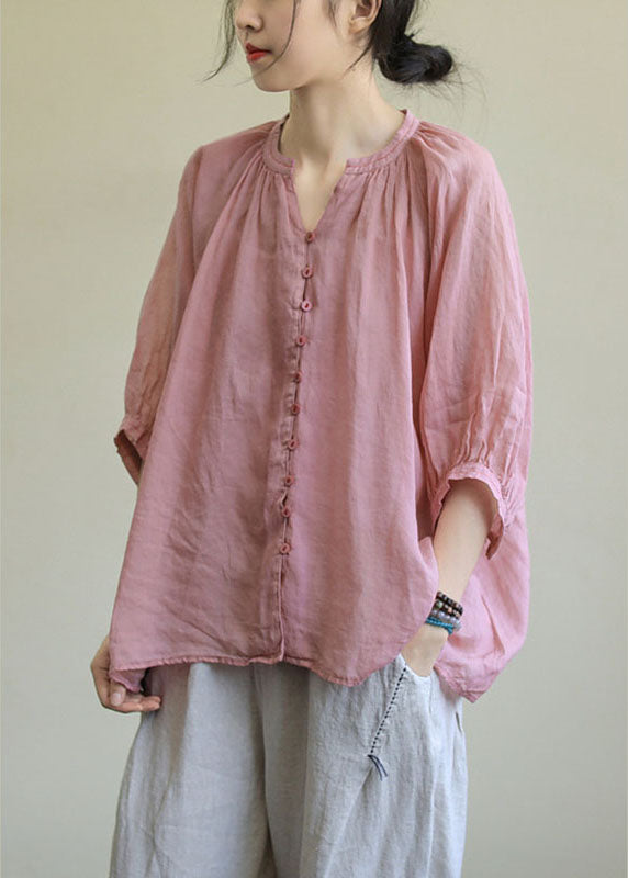 Italian Pink V-Neck Button Loose Half Sleeve Shirt Top Fall