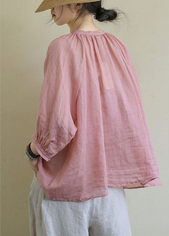 Italian Pink V-Neck Button Loose Half Sleeve Shirt Top Fall