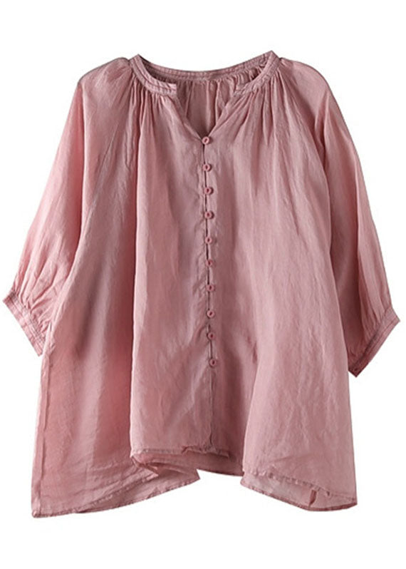 Italian Pink V-Neck Button Loose Half Sleeve Shirt Top Fall