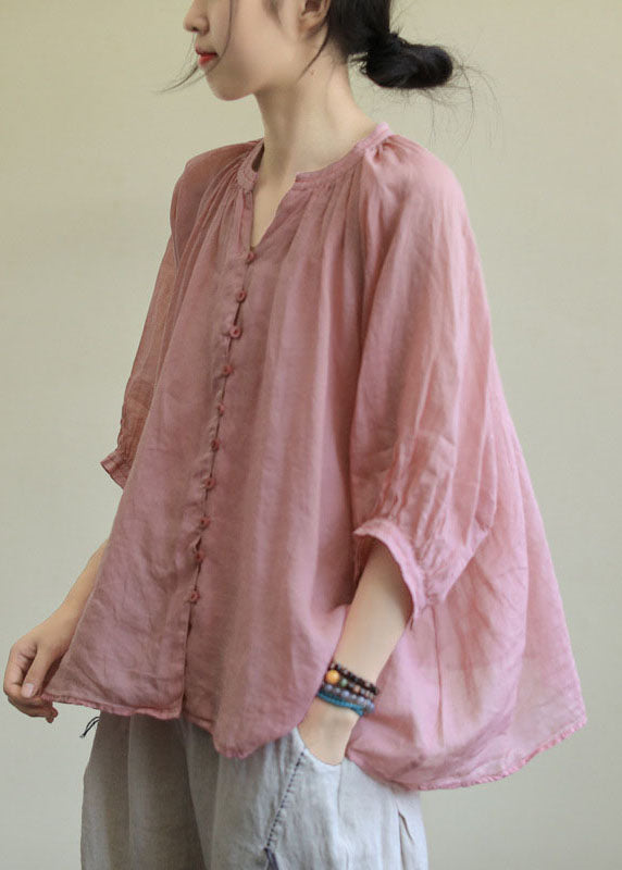 Italian Pink V-Neck Button Loose Half Sleeve Shirt Top Fall