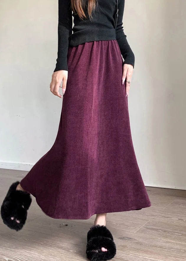 Italian Purple Solid Elastic Waist Corduroy Skirts Spring