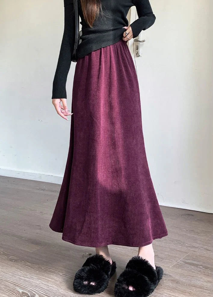 Italian Purple Solid Elastic Waist Corduroy Skirts Spring