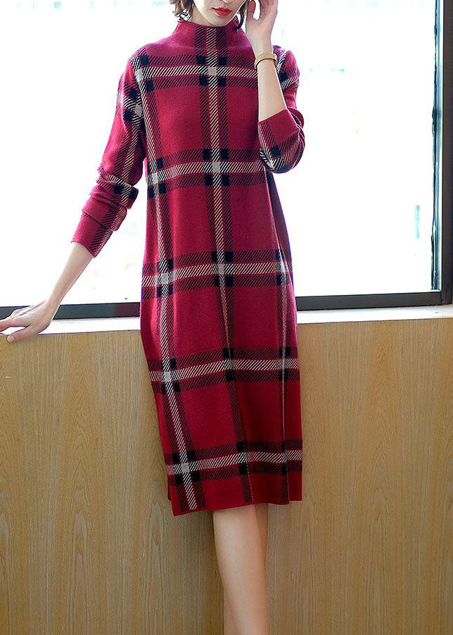 Italian Red High Neck Plaid Cashmere Knit Sweater Dress Long Sleeve