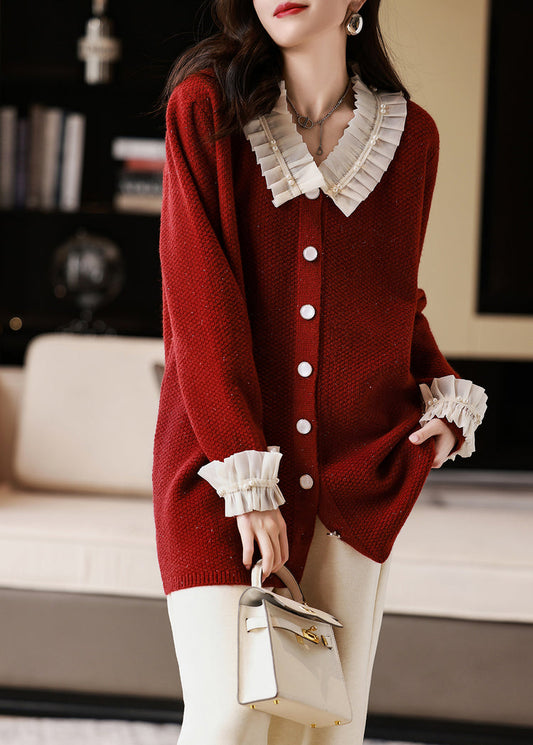 Italian Red Ruffled Nail Bead Patchwork Knitted Sweaters Fall