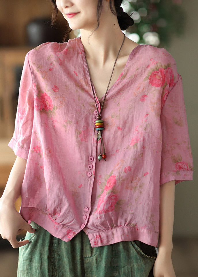 Italian Rose V Neck Print Button Linen Top Half Sleeve