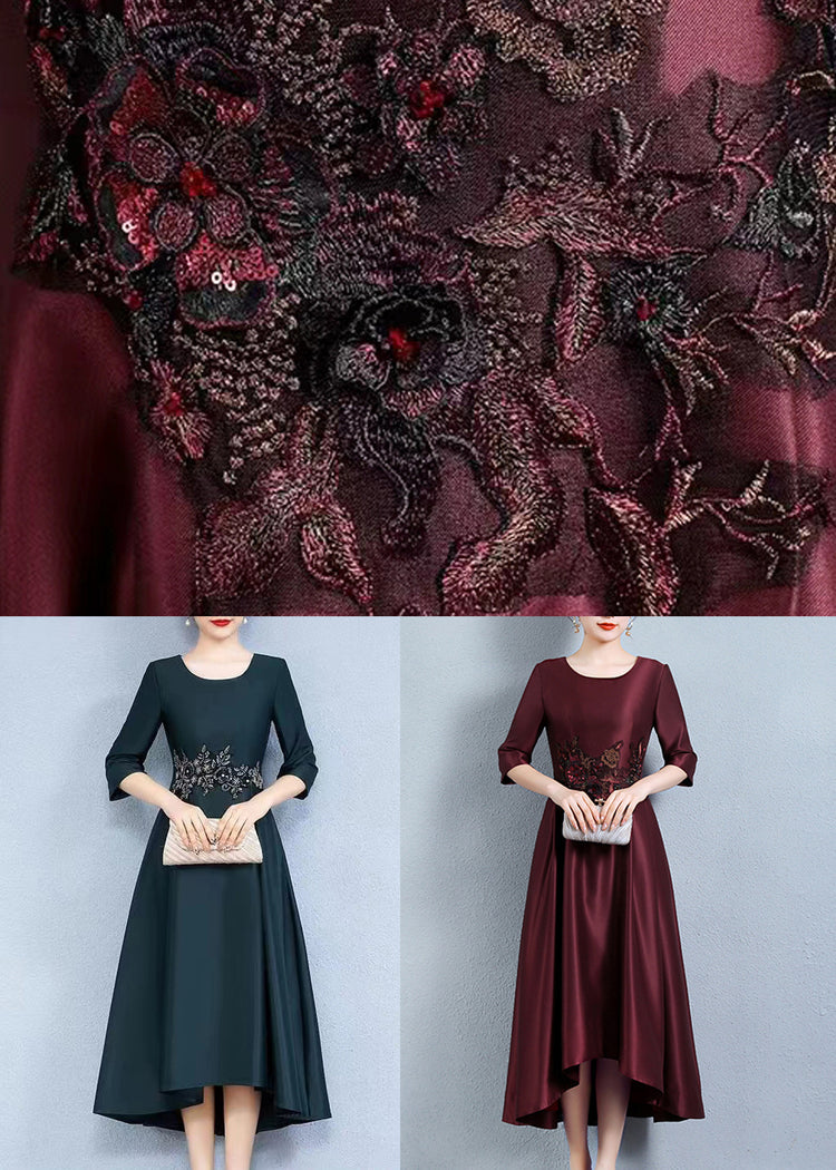 Italian Wine Red Embroideried Pockets Patchwork Silk Dress Half Sleeve