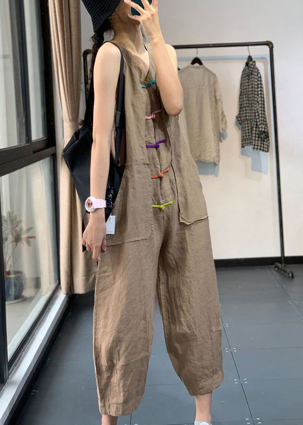 Khaki Pockets Patchwork Linen Jumpsuits Chinese Button Sleeveless