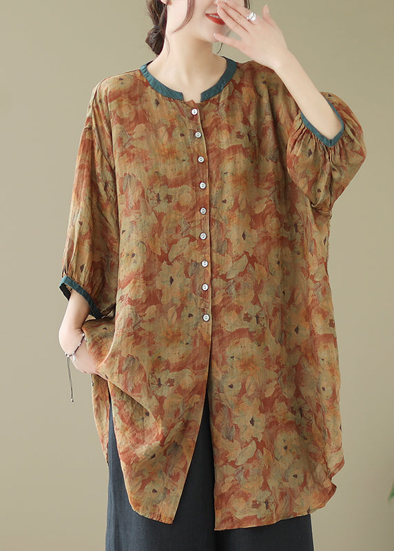 O-Neck Khaki Printed Linen Shirt Dress With Oversized Balloon Sleeves