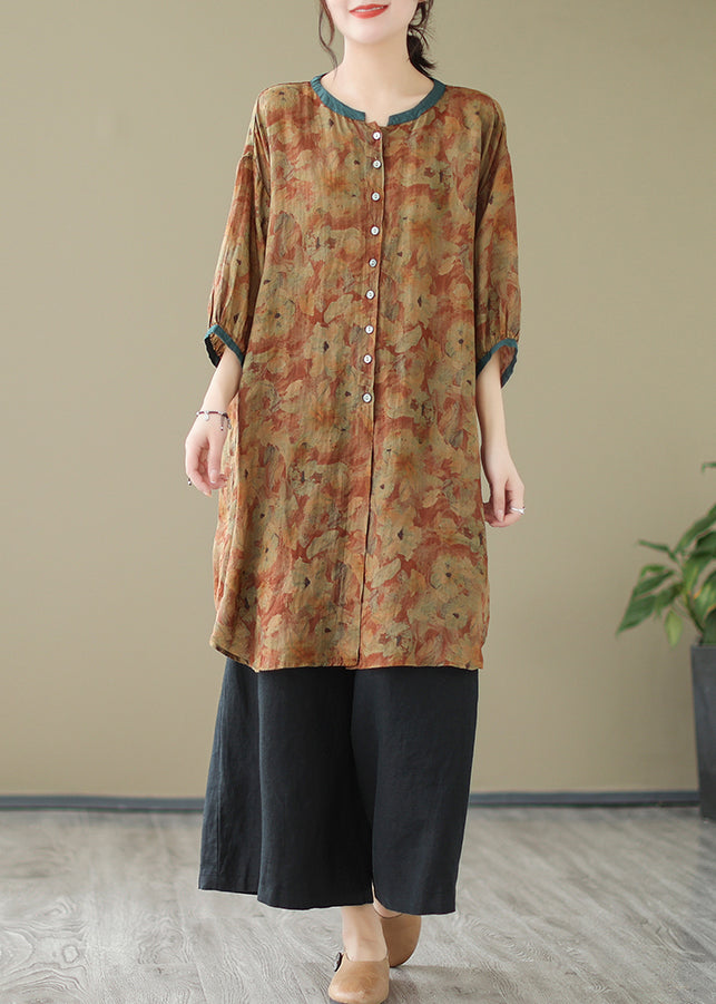 O-Neck Khaki Printed Linen Shirt Dress With Oversized Balloon Sleeves