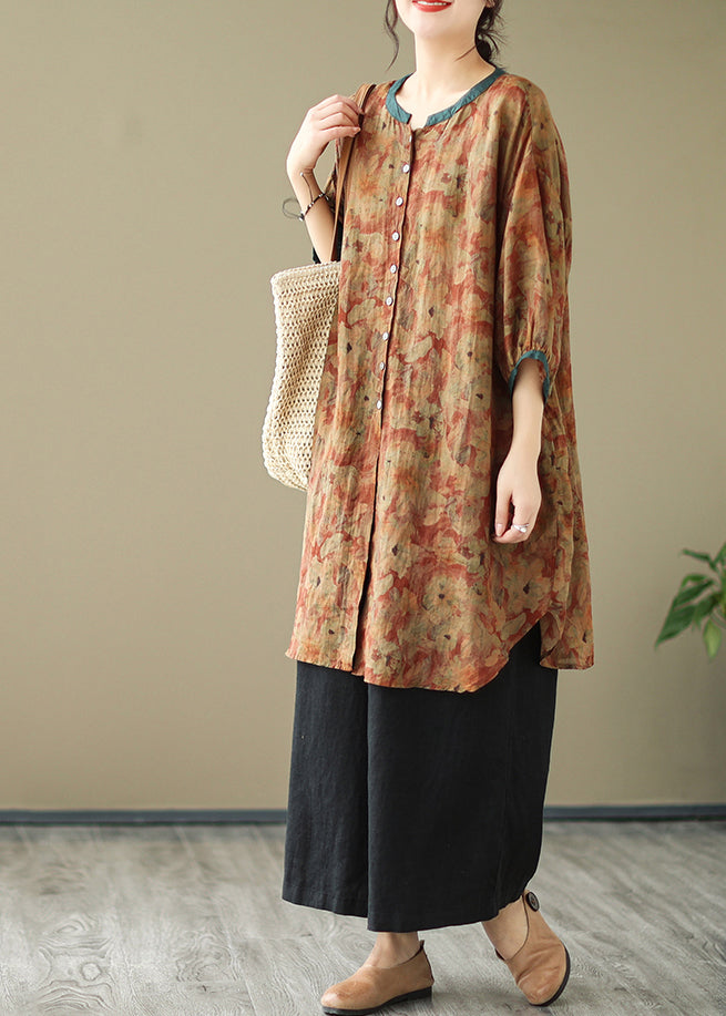 O-Neck Khaki Printed Linen Shirt Dress With Oversized Balloon Sleeves