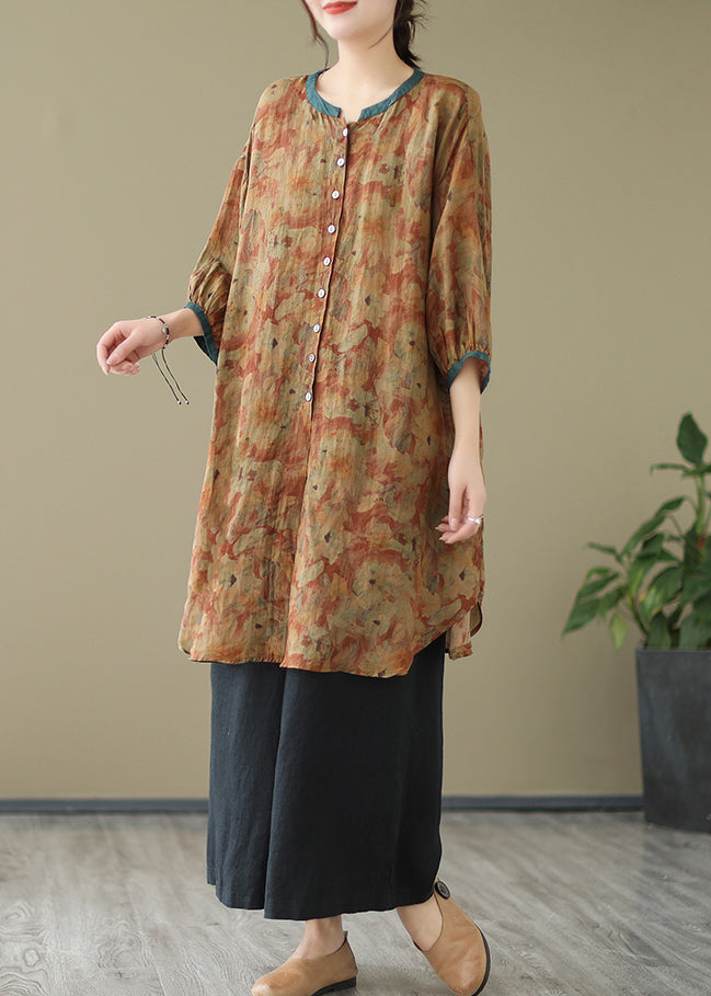 Khaki Print Linen Shirt Dresses O-Neck Oversized Lantern Sleeve