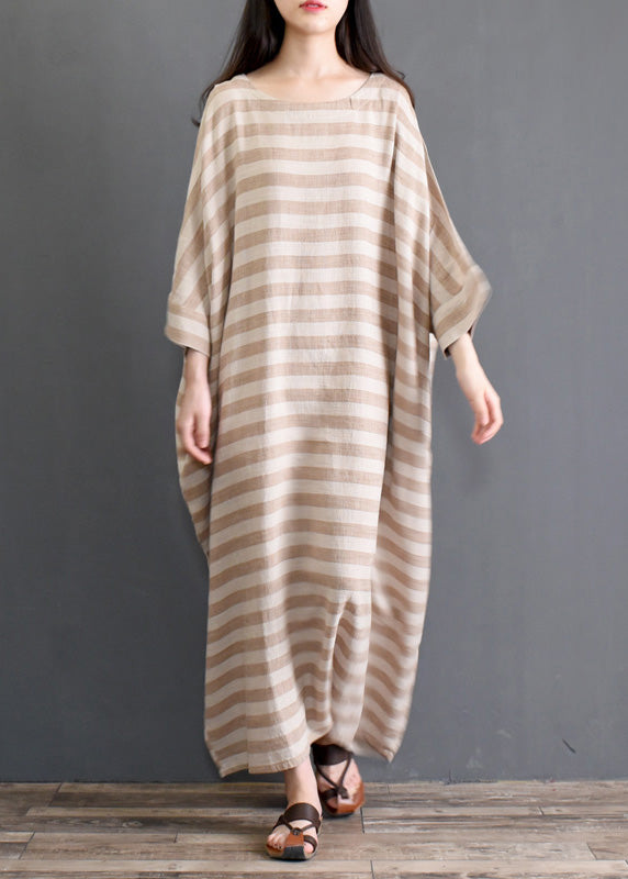 Khaki Striped Patchwork Oversized Cotton Long Dresses O-Neck Half Sleeve