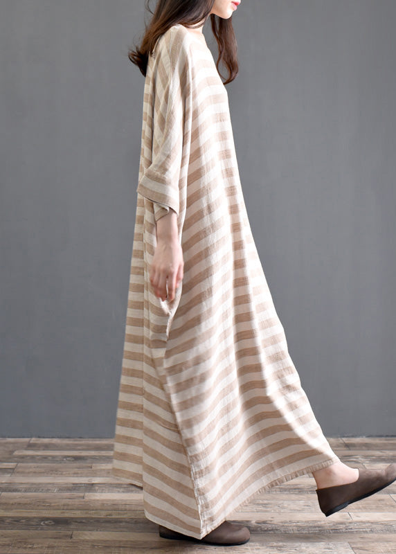 Khaki Striped Patchwork Oversized Cotton Long Dresses O-Neck Half Sleeve