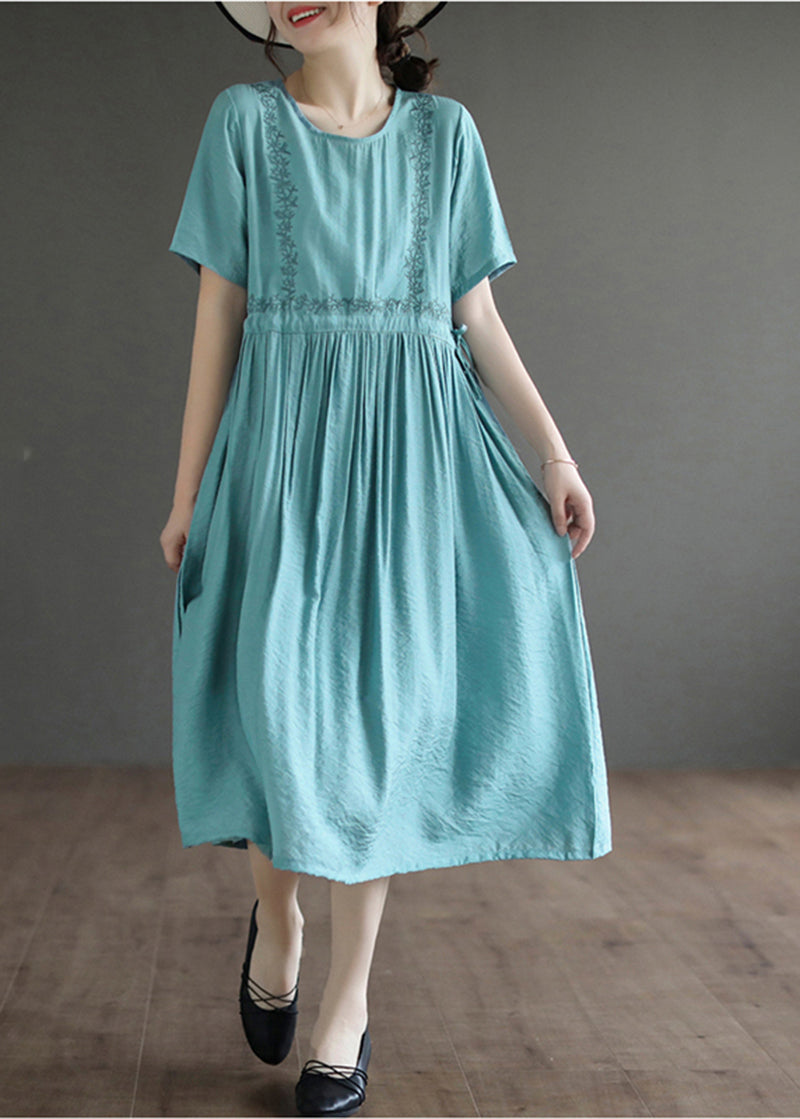 Slim Fit Lake Blue Embroideried Cotton Dress Summer