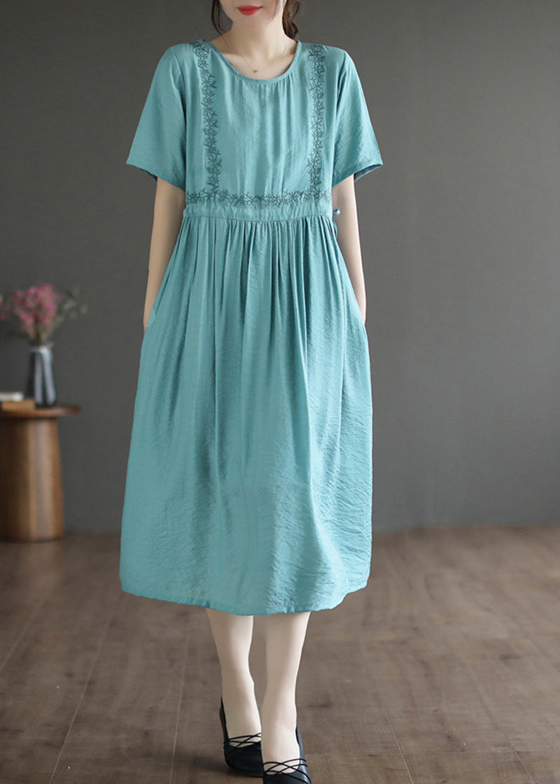 Slim Fit Lake Blue Embroideried Cotton Dress Summer