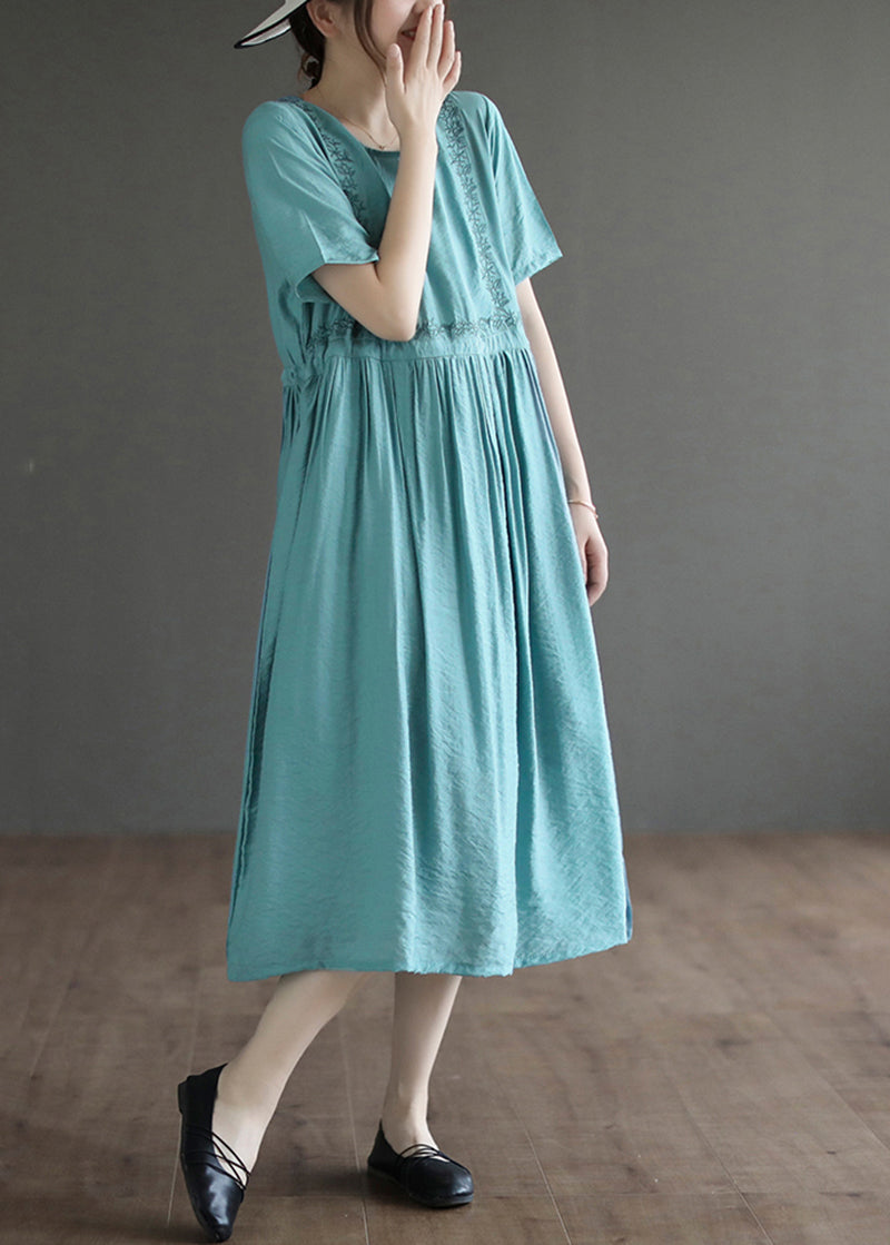 Slim Fit Lake Blue Embroideried Cotton Dress Summer