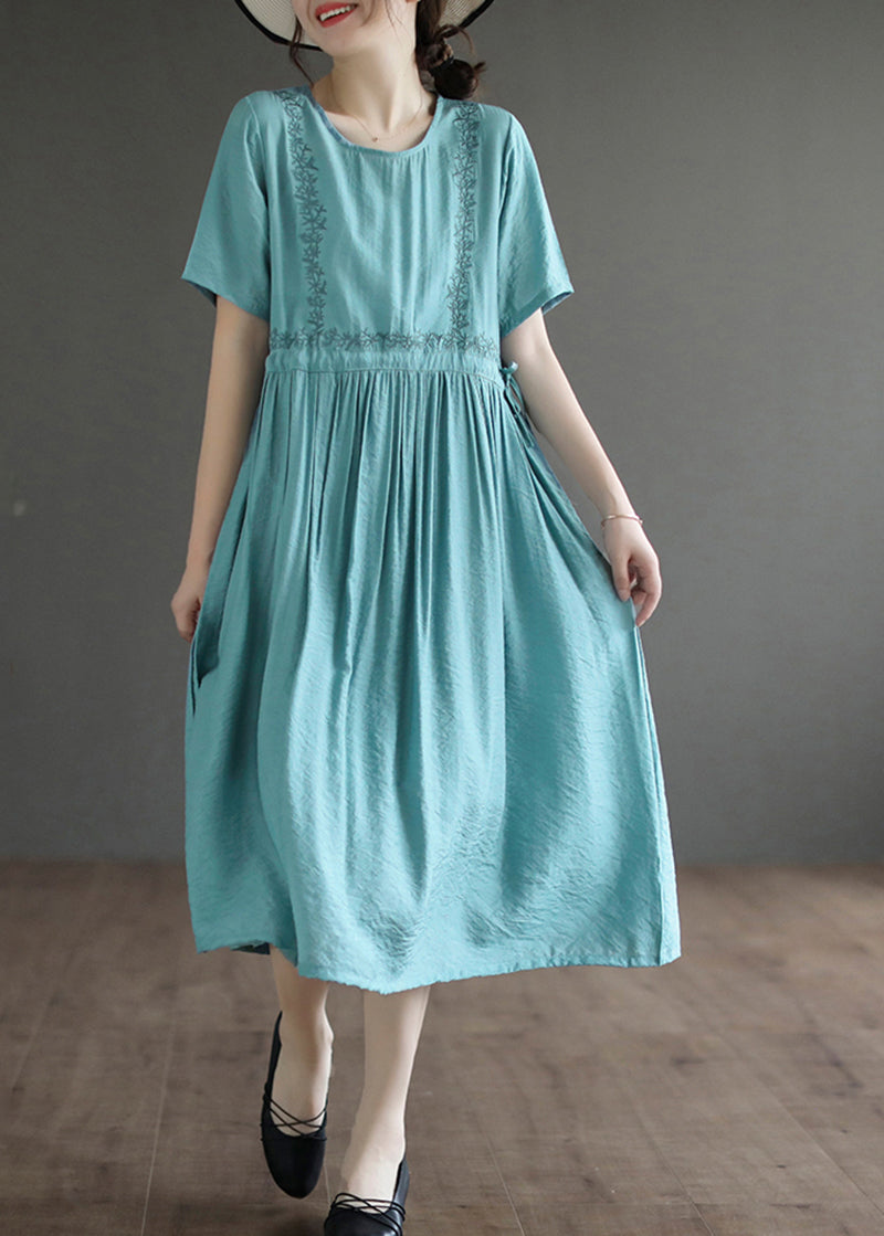 Slim Fit Lake Blue Embroideried Cotton Dress Summer