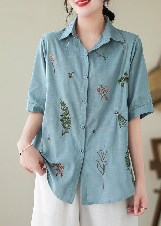 Lake Blue Embroidered Cotton Plus Size Blouse Top Summer