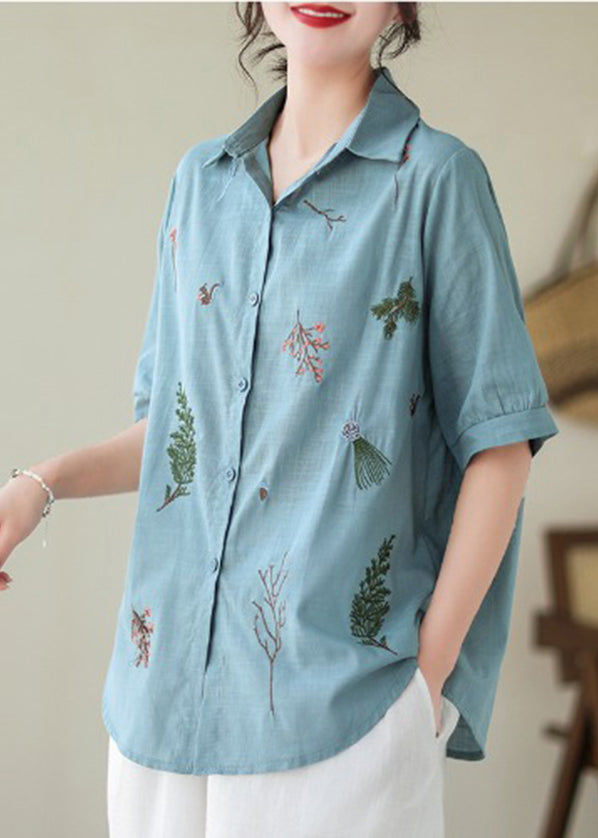 Lake Blue Embroidered Cotton Plus Size Blouse Top Summer