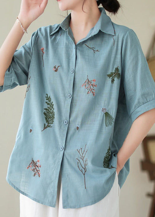 Lake Blue Embroidered Cotton Plus Size Blouse Top Summer