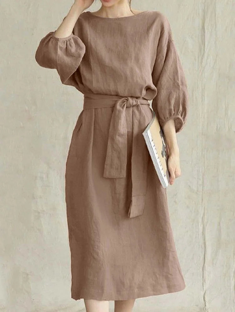 Lantern Sleeve Plain Tie Side Crew Neck Midi Dress