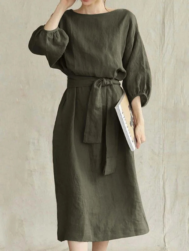 Lantern Sleeve Plain Tie Side Crew Neck Midi Dress