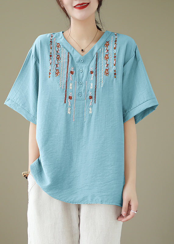 V Neck Light Blue Embroideried Cotton Blouse Tops Summer