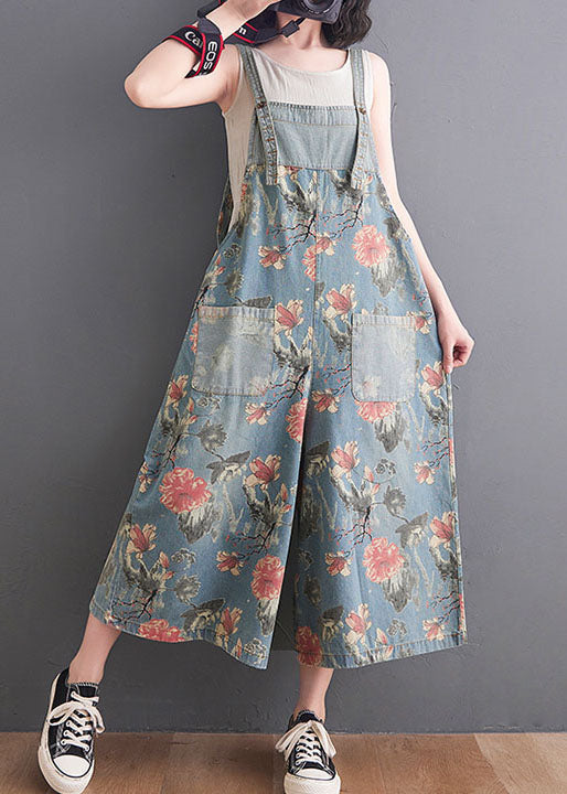 Light Blue Printed Pockets Pocket Denim Summer Jumpsuit