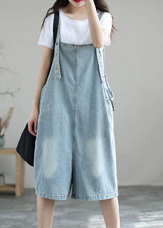 Vintage Loose Pocket Summer Denim Light Blue Jumpsuit Shorts