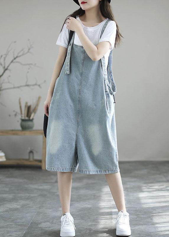 Vintage Loose Pocket Summer Denim Light Blue Jumpsuit Shorts