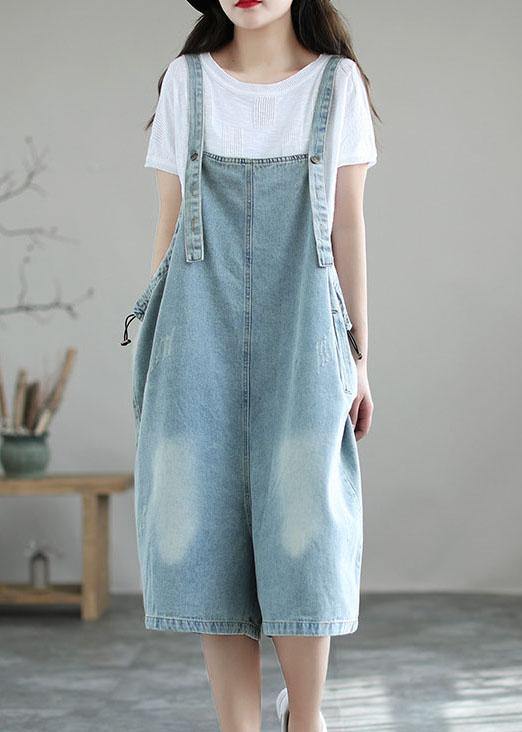 Vintage Loose Pocket Summer Denim Light Blue Jumpsuit Shorts