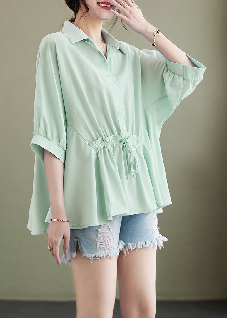 Summer Green Cotton Ruffle Cinched Blouse Top