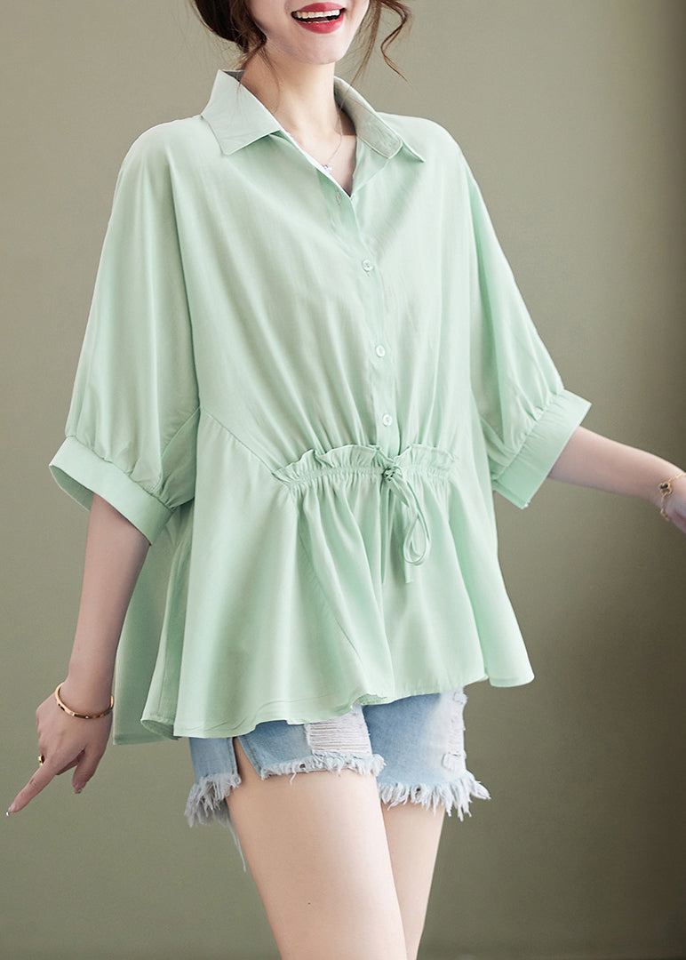 Summer Green Cotton Ruffle Cinched Blouse Top