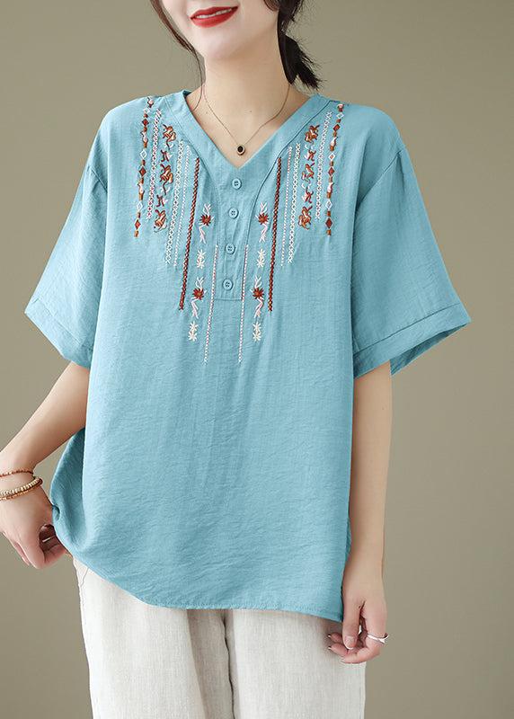 V Neck Light Blue Embroideried Cotton Blouse Tops Summer