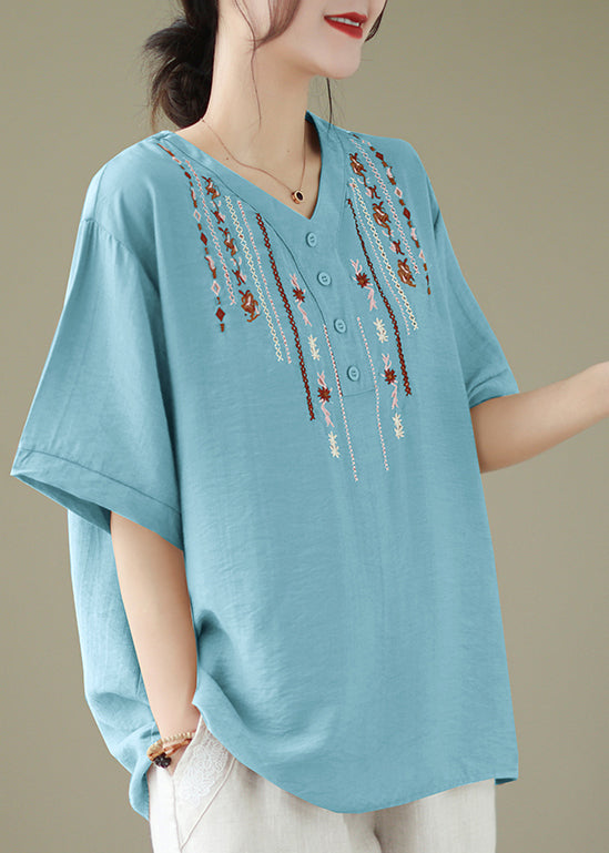 V Neck Light Blue Embroideried Cotton Blouse Tops Summer