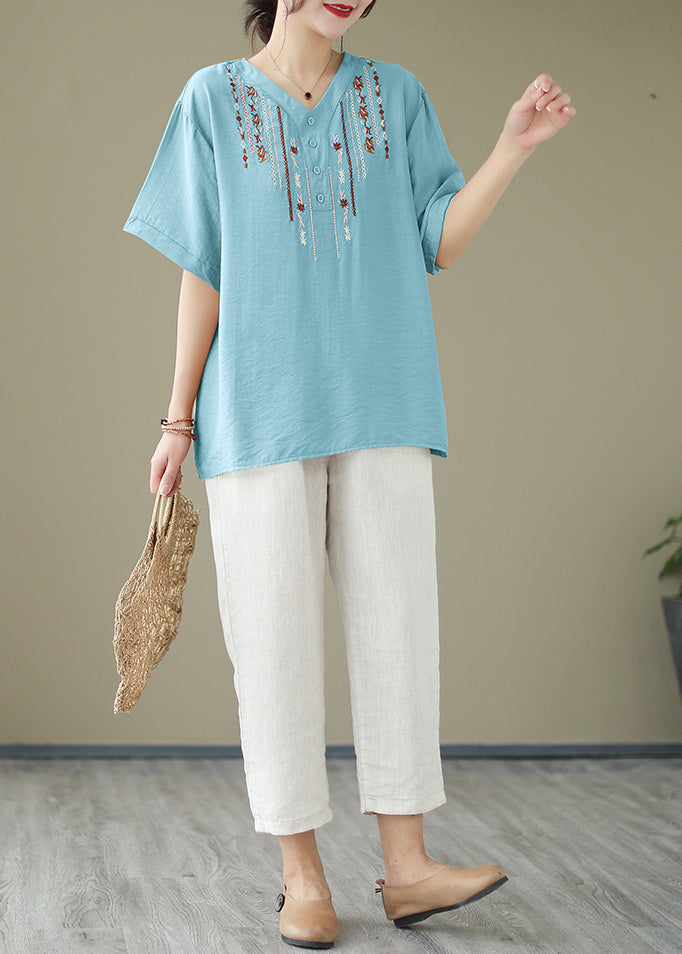 V Neck Light Blue Embroideried Cotton Blouse Tops Summer