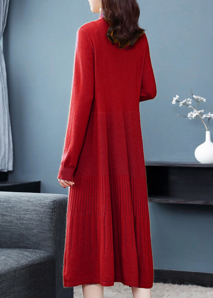 Red Patchwork Woolen Dress Embroideried Turtleneck Fall