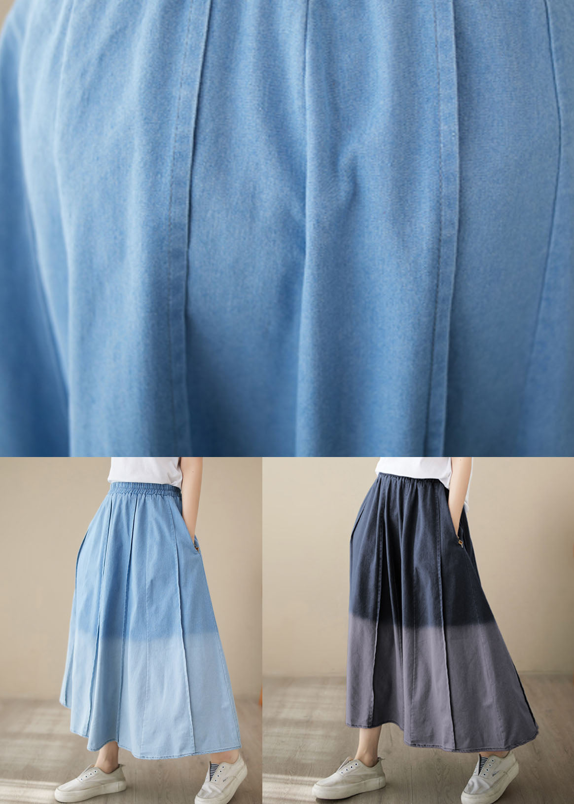 Light Blue Pockets Patchwork Wrinkle Denim Skirt Summer